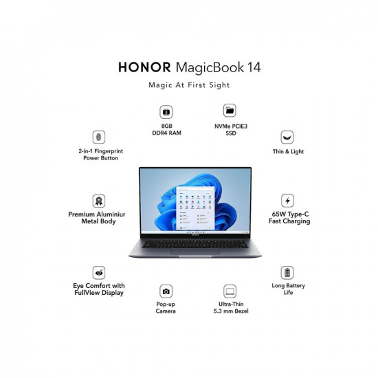 HONOR MagicBook 14, AMD Ryzen 5 5500U 14-inch (35.56 cm) FHD IPS Anti-Glare Thin and Light Laptop (8GB/512GB PCIe SSD/Windows 11/Fingerprint Login/Metal Body/Backlit KB/1.38Kg), Gray, NobelM-WDQ9BHNE