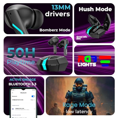 HOPPUP Xo6 Gaming Earbuds with 35MS Low Latency RGB LED 13MM Drivers  50H Playtime Bluetooth Coal Black True Wireless