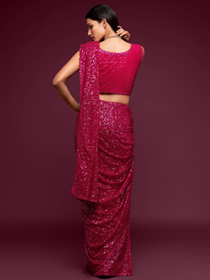 Hot Pink Fully Sequined Georgette Party Wear Saree(Un-Stitched)