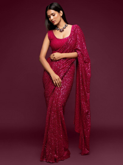 Hot Pink Fully Sequined Georgette Party Wear Saree(Un-Stitched)