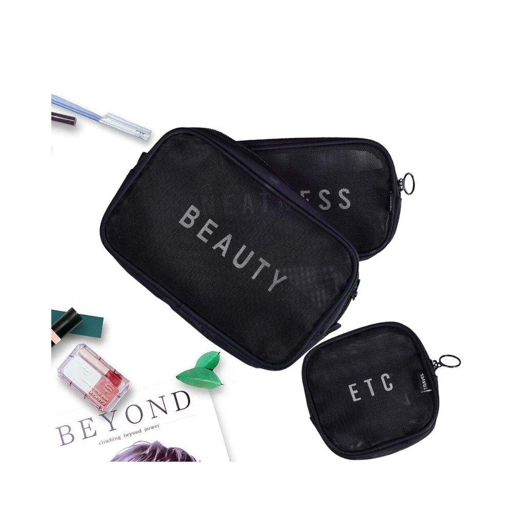 House Of Quirk Travel Mesh Makeup Bags Set 3 Pieces of S M L (Black)
