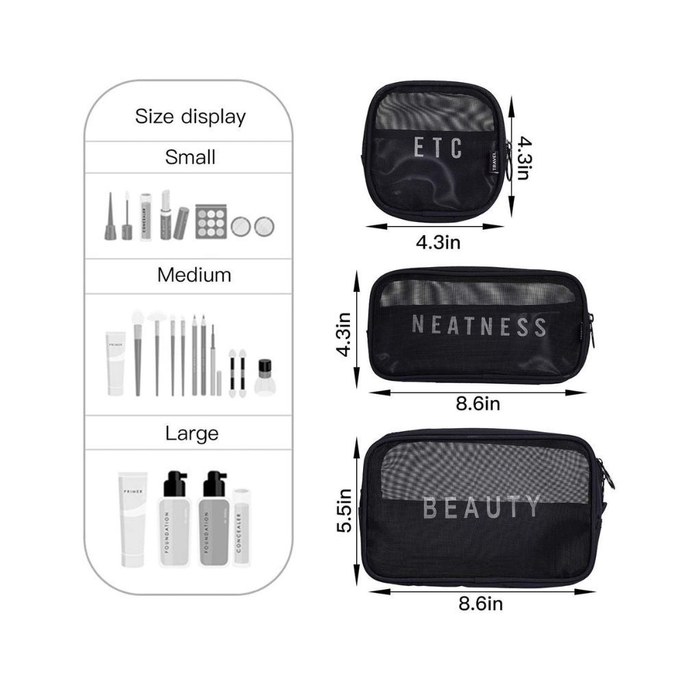 House Of Quirk Travel Mesh Makeup Bags Set 3 Pieces See Through Zipper Pouch Travel Cosmetic and Toiletry Organizer Bag 3 Pack of S M L (Black)