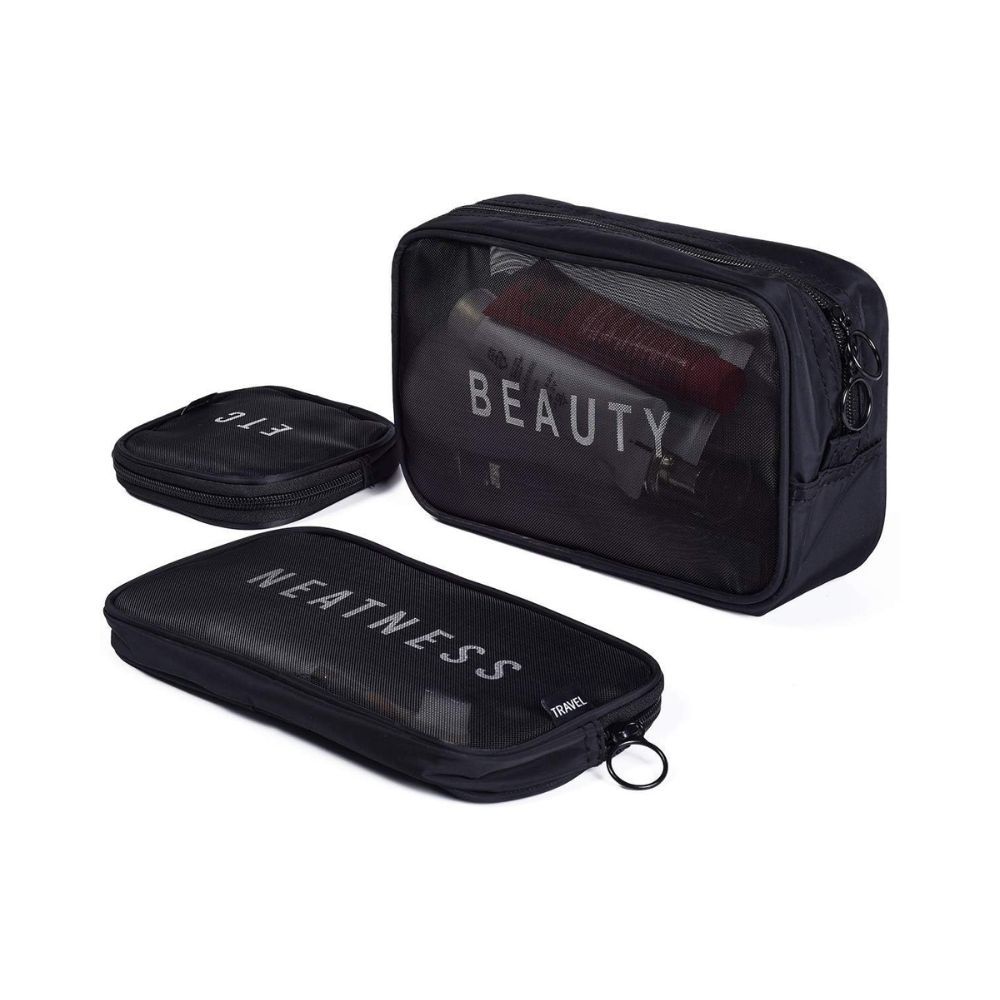House Of Quirk Travel Mesh Makeup Bags Set 3 Pieces of S M L (Black)