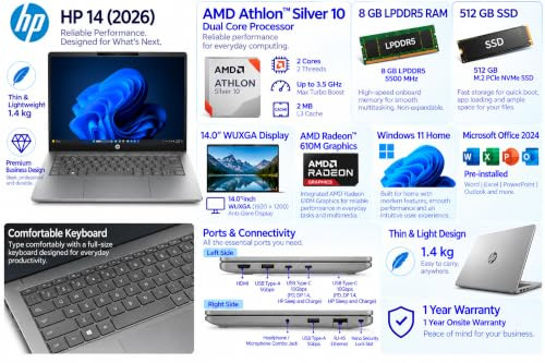 HP 14 2026 AMD Athlon Dual Core Silver 10 - 8 GB DDR5512 GB SSDAMD Radeon 610M GraphicsWindows 11 Home Thin and Light Business Laptop140 WUXGA DisplaySilverCopilot Key14 KgMSO 2024 - Image 2