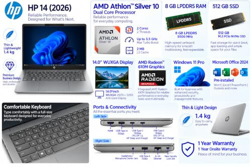 HP 14 2026 AMD Athlon Dual Core Silver 10 - 8 GB DDR5512 GB SSDAMD Radeon 610M GraphicsWindows 11 Pro Thin and Light Business Laptop140 WUXGA DisplaySilverCopilot Key14 KgMSO 2024 - Image 2