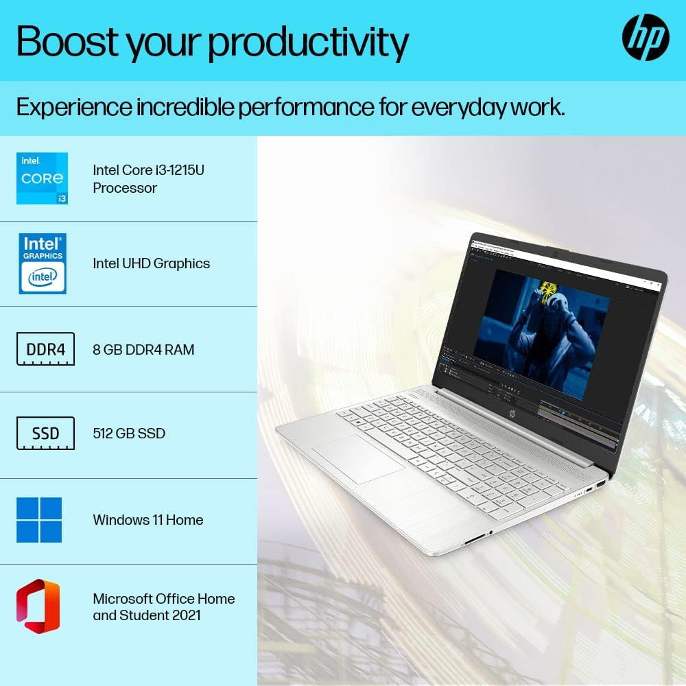 HP 15s Core i3 12th Gen 8GB RAM512 GB SSDFHDWindows 11MS Office 21156 396cmSilver169kg fy5006TU Laptop