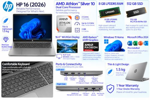 HP 16 2026 AMD Athlon Dual Core Silver 10 - 8 GB DDR5512 GB SSDAMD Radeon 610M GraphicsWindows 11 Home Thin and Light Business Laptop160 WUXGA DisplaySilverCopilot Key15 KgMSO 2024 - Image 2