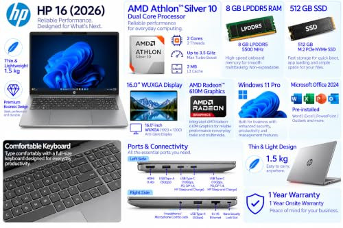 HP 16 2026 AMD Athlon Dual Core Silver 10 - 8 GB DDR5512 GB SSDAMD Radeon 610M GraphicsWindows 11 Pro Thin and Light Business Laptop160 WUXGA DisplaySilverCopilot Key15 KgMSO 2024 - Image 2