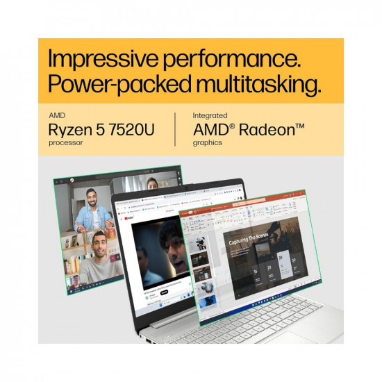HP Laptop 14, AMD Ryzen 5 7520U, 14-inch (35.6 cm), FHD, 8GB LPDDR5, 512GB SSD, AMD Radeon Graphics, FHD Camera w/Privacy Shutter, Backlit KB (Win 11, MSO 2021, Silver, 1.4 kg), em0026AU