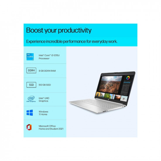 HP Laptop 15s 12th Gen Intel Core i3-1215U 156-inch 396 cm FHD 8GB DDR4 1TB SSD Intel UHD Graphics Thin  Light Dual Speakers Win 11 MSO 2021 Silver 169 kg fy5005TU