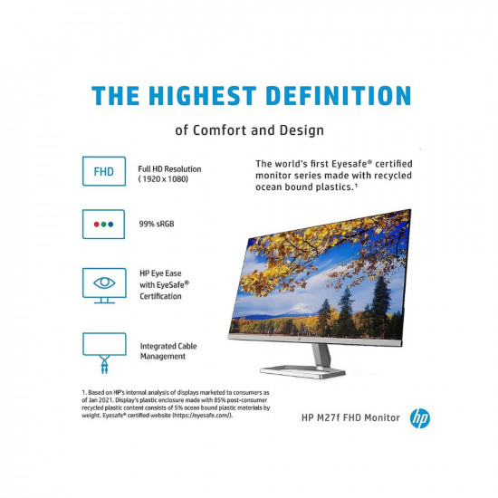 HP M27f 27-inches 68.6cm 1920 x 1080 Pixels Eye-Safe Certified Full HD IPS 3-Sided Micro-Edge Monitor, 75Hz, AMD Free Sync with 1xVGA, 2xHDMI 1.4 Ports, 300 nits 2H0N1AA, M27f FHD Monitor Silver
