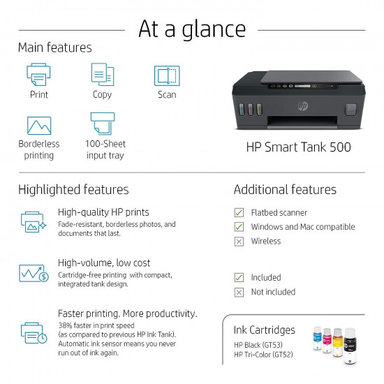 HP Smart Tank 500 Colour Printer, Scanner and Copier for Home/Office, High Capacity Tank (6000 Black and 8000 Colour) with Automatic Ink Sensor