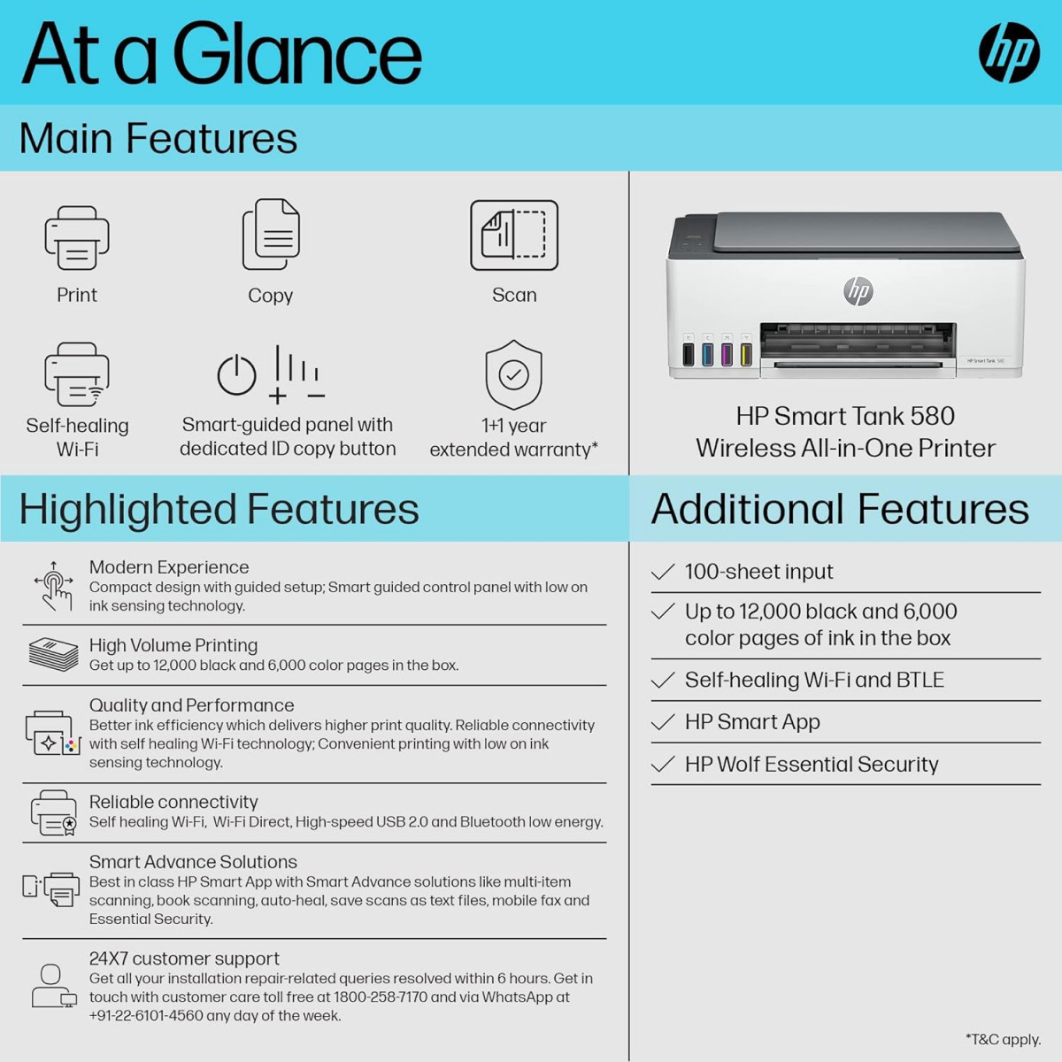 HP Smart Tank 580 AIO WiFi Colour Printer with 1 Extra Black Ink Bottle