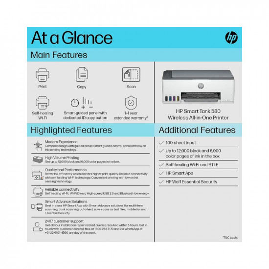 HP Smart Tank 580 All-in-one WiFi Colour Printer with 1 Extra Black Ink Bottle (Upto 12000 Black and 6000 Colour Prints) & 1 Year Extended Warranty with PHA coverage. Print, Scan, Copy for Office/Home