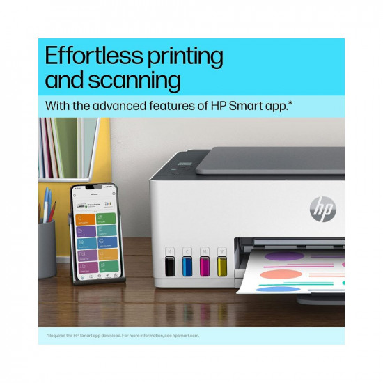 HP Smart Tank 580 All-in-one WiFi Colour Printer with 1 Extra Black Ink Bottle (Upto 12000 Black and 6000 Colour Prints) & 1 Year Extended Warranty with PHA coverage. Print, Scan, Copy for Office/Home