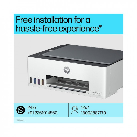 HP Smart Tank 580 All-in-one WiFi Colour Printer with 1 Extra Black Ink Bottle (Upto 12000 Black and 6000 Colour Prints) & 1 Year Extended Warranty with PHA coverage. Print, Scan, Copy for Office/Home