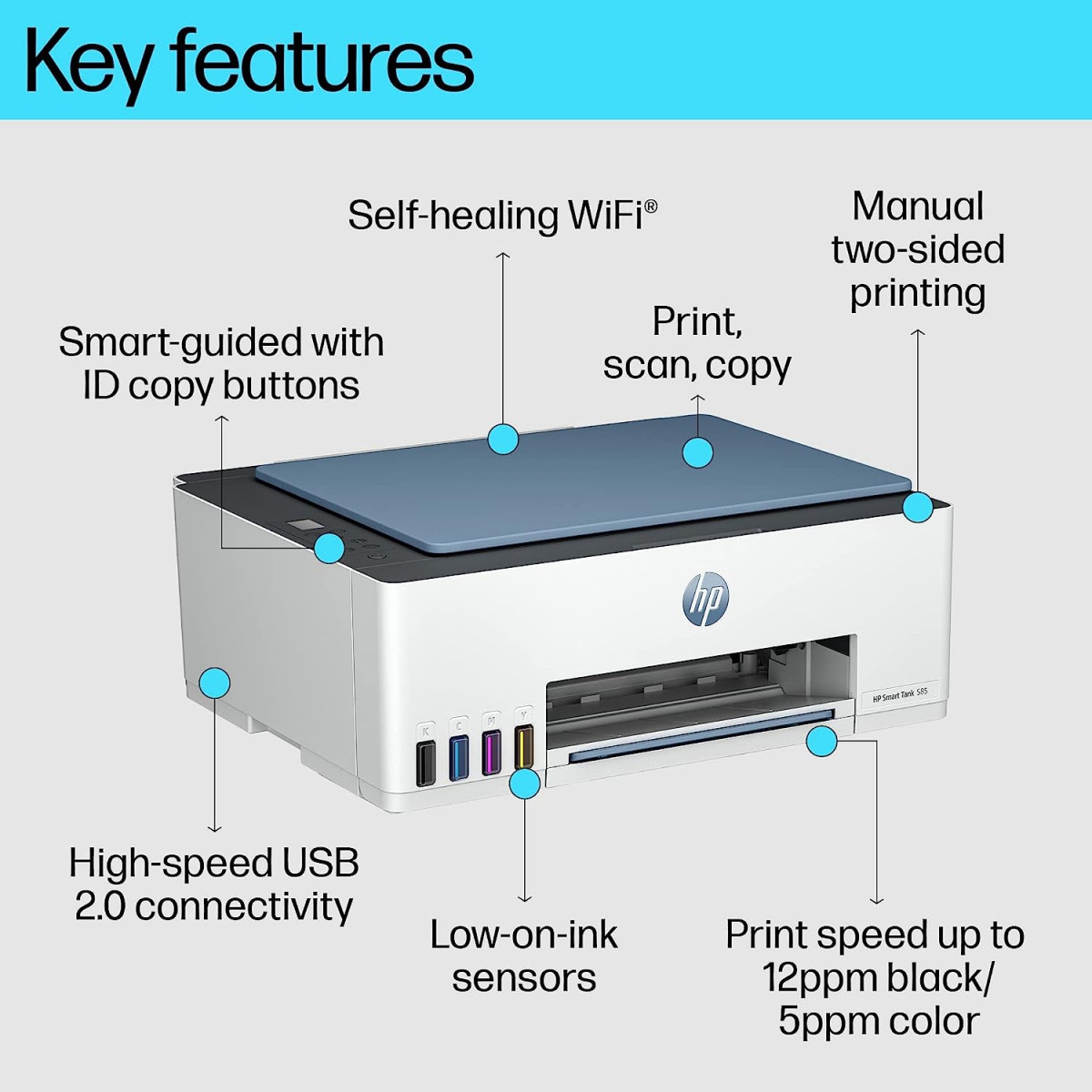 HP Smart Tank 585 All-in-one WiFi Colour Printer (Upto 6000 Black and 6000 Colour Pages Included in The Box)