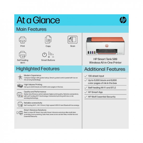 HP Smart Tank 589 All in one WiFi Colour Printer Upto 6000 Black and 6000 Colour Pages Included in The Box Print