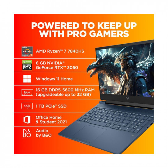 HP Victus Gaming Laptop, AMD Ryzen 7 7840HS AI Powered, 6GB RTX 3050 GPU, 16.1-inch (40.9 cm), 95W TGP, FHD, IPS, 144Hz, 16GB DDR5, 1TB SSD, RGB Backlit KB, B&O (MSO, Blue, 2.29 kg), s0089AX
