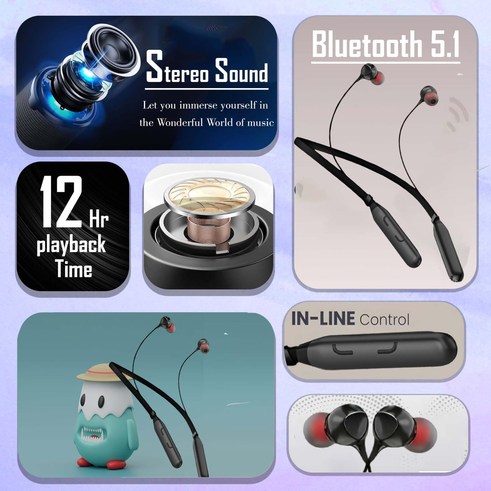 HUG PUPPY Wireless Headphones  Neckband Style  V50 Bluetooth  Long Battery Life  Mic with Noise Control  Black