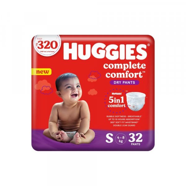 Huggies Complete Comfort Dry Pants Small (S) Size Baby Diaper Pants, 32 count, with 5 in 1 Comfort