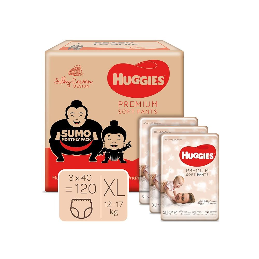 Huggies Premium Pants, Sumo Monthly Box Pack, Extra Large (XL) Size baby diaper pants, (12.0 kg - 17.0 kg) (120 count )