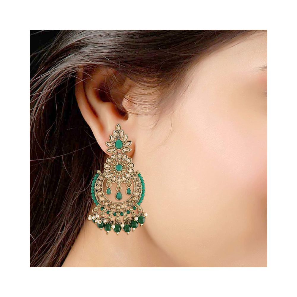 I Jewels 18k Gold Plated Chandbali Kundan Studded & Beaded Earrings for Women (E4001)