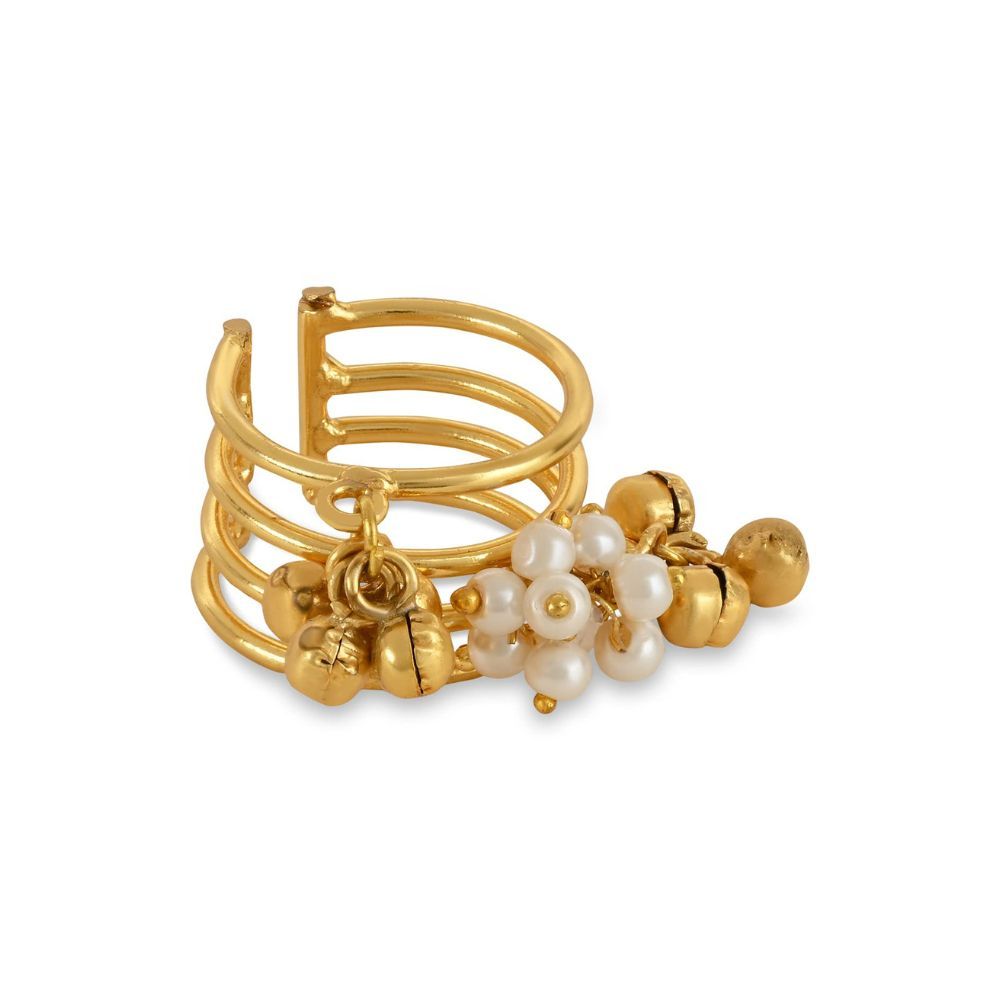 I Jewels 18K Gold Plated Ethnic Adjustable Finger Ring Embellished With ghungroo and pearl (FL223)