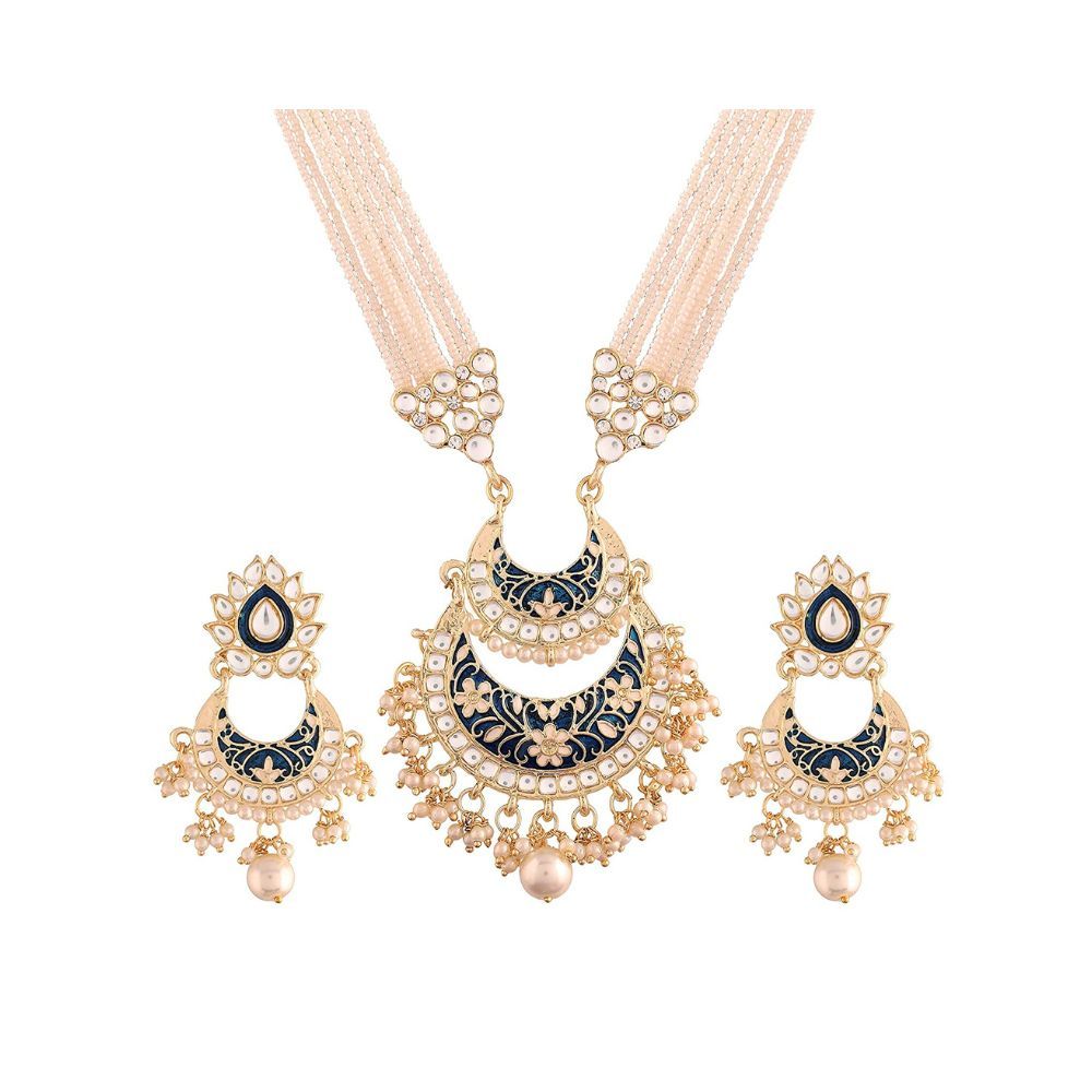 I Jewels 18k Gold Plated Ethnic Kundan Pearl Studded Long Necklace Set For Women (ML296-7-8)