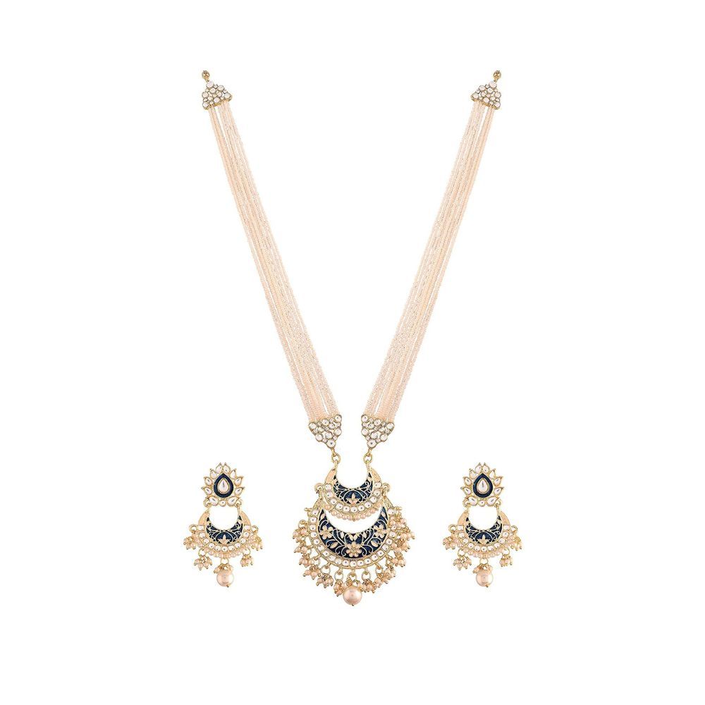 I Jewels 18k Gold Plated Ethnic Kundan Pearl Studded Long Necklace Set For Women (ML296-7-8)