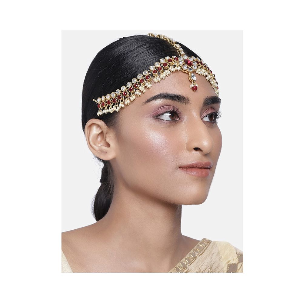 I Jewels 18K Gold Plated Kundan Studded Bridal Matha Patti/Maang Tikka for Women (T2058M)