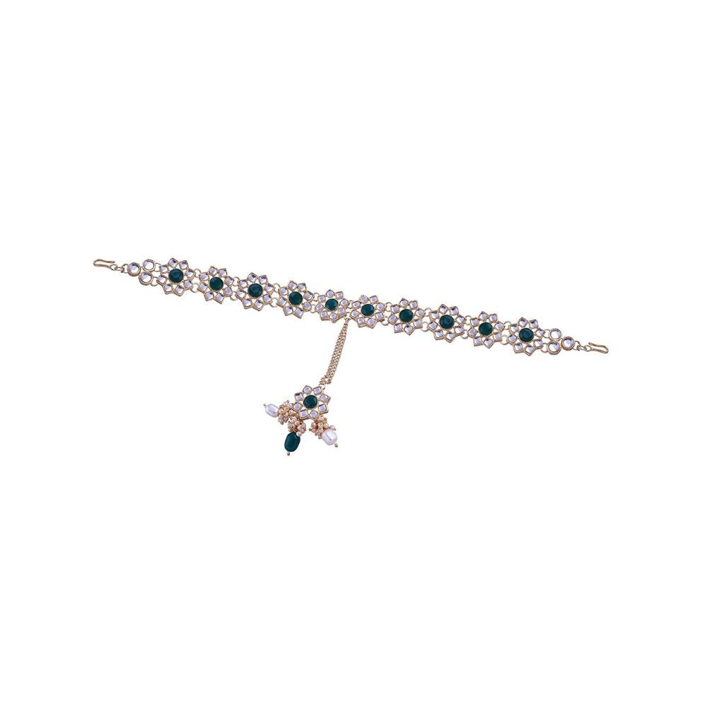I Jewels 18k Gold Plated Metal Traditional Floral Kundan Pearl Studded Rajasthani Sheeshphool/Mathapatti for Women (T2104G)