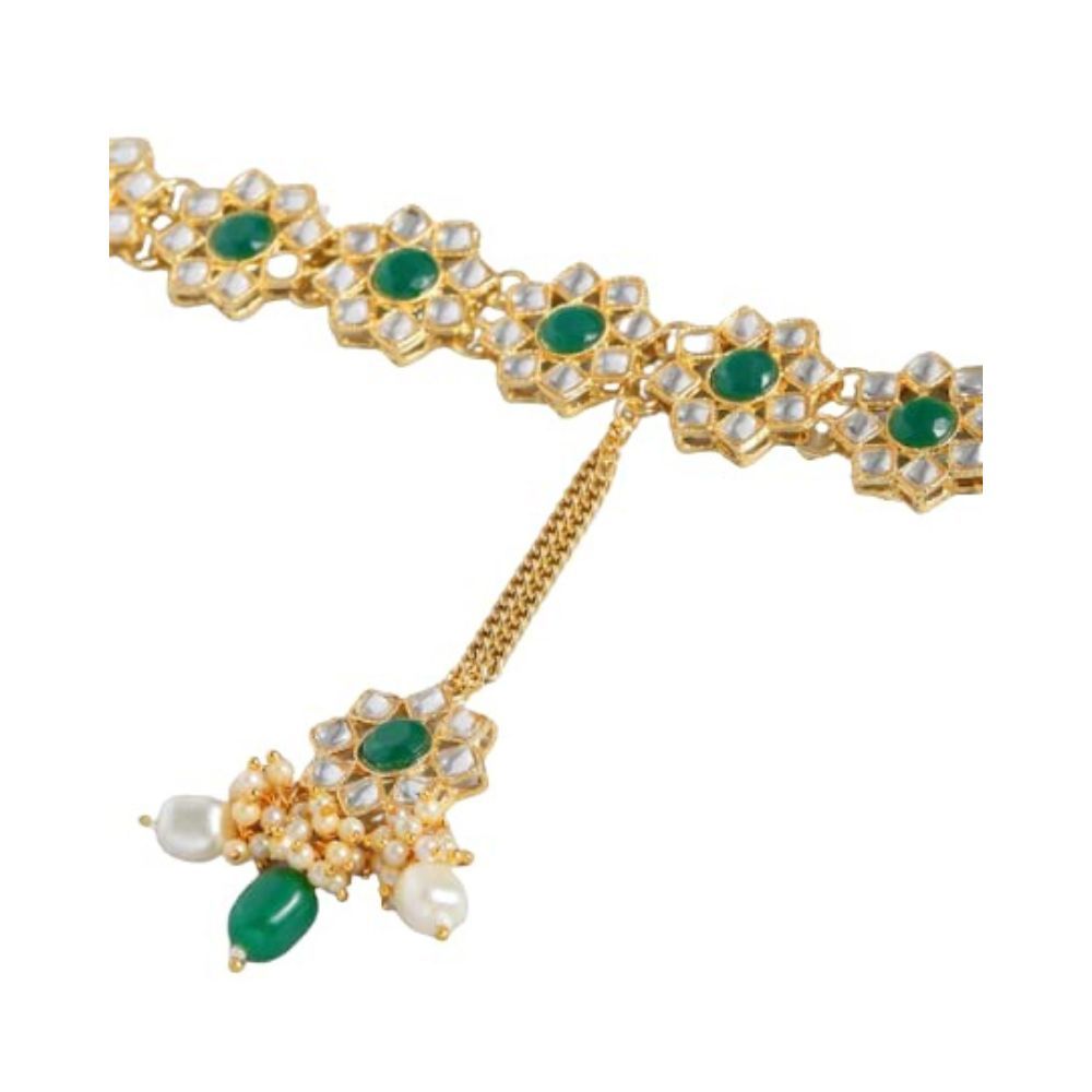 I Jewels 18k Gold Plated Metal Traditional Floral Kundan Pearl Studded Rajasthani Sheeshphool/Mathapatti for Women (T2104G)