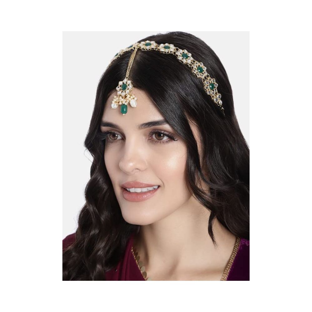 I Jewels 18k Gold Plated Metal Traditional Floral Kundan Pearl Studded Rajasthani Sheeshphool/Mathapatti for Women (T2104G)