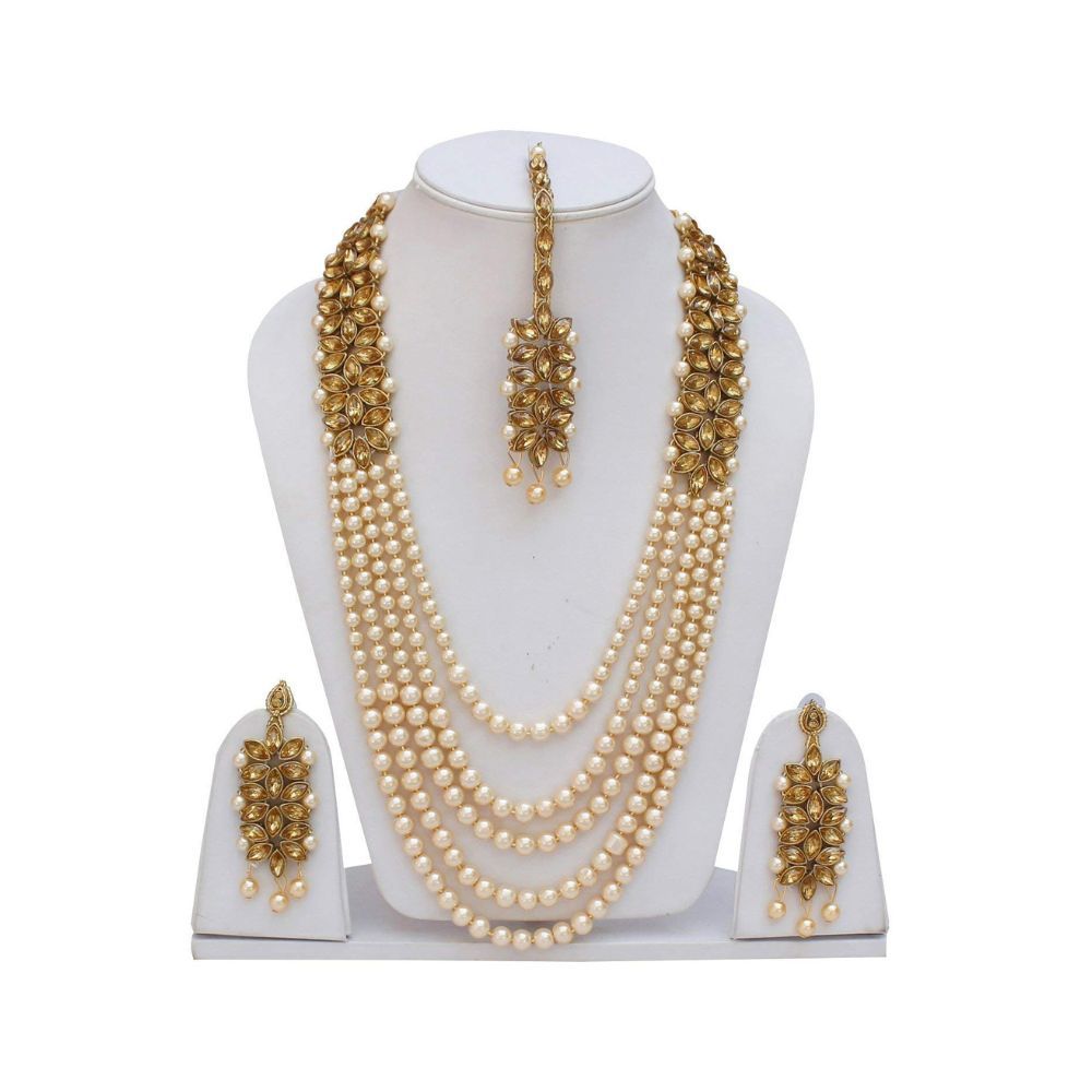 I Jewels 18K Gold Plated Traditional 5 Layers Kundan & Pearl Beaded Moti Raani Haar Necklace Jewellery Set For Women (ML164)