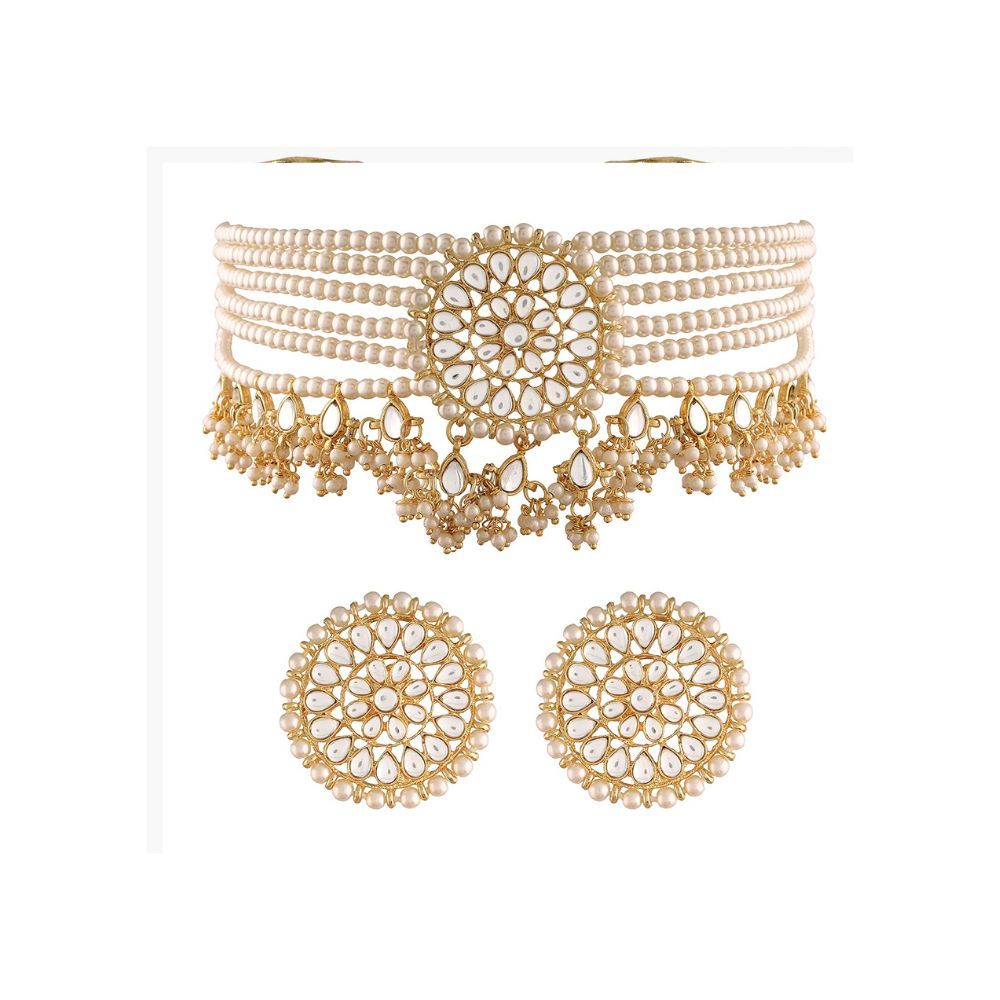 I Jewels 18k Gold Plated Traditional Choker Set Glided With Kundan & Pearls For Women/Girls (K7097)