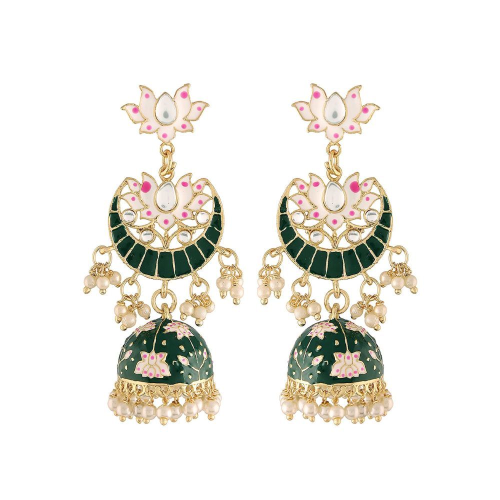 I Jewels 18K Gold Plated Traditional Floral Kundan Studded Black Meenakari Jhumka Earrings For Women (E2912)
