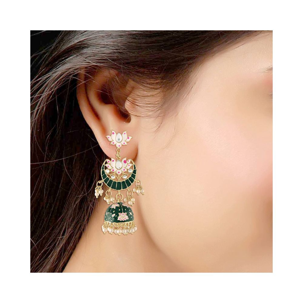 I Jewels 18K Gold Plated Traditional Floral Kundan Studded Black Meenakari Jhumka Earrings For Women (E2912)