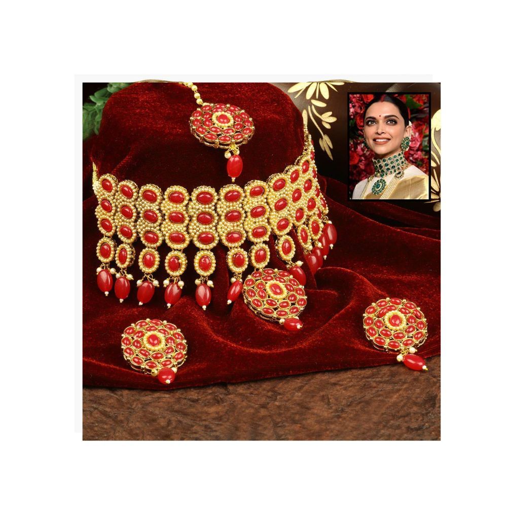 I Jewels 18K Gold Plated Traditional Handcrafted Choker Set Studded with Beads & Pearls With Maang Tikka & Earrings For Women/Girls