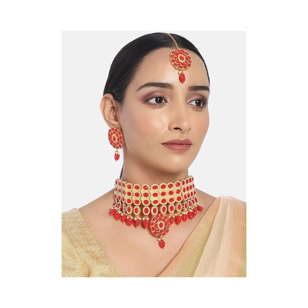 I Jewels 18K Gold Plated Traditional Handcrafted Choker Set Studded with Beads & Pearls With Maang Tikka & Earrings For Women/Girls