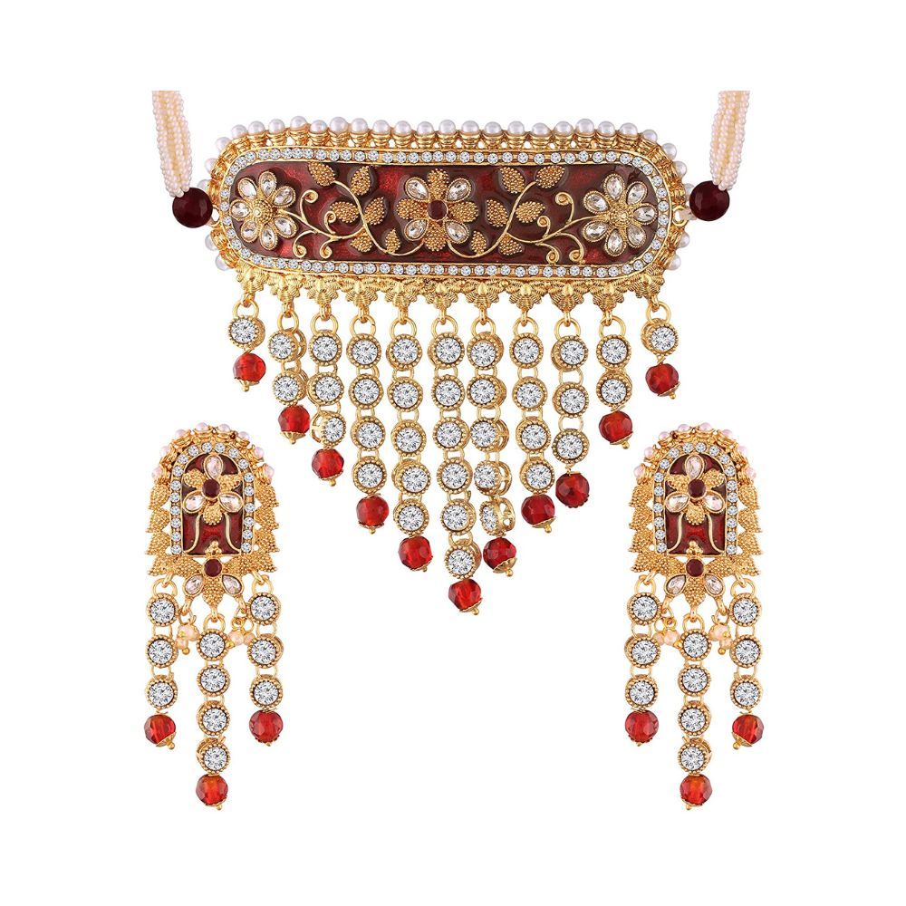 I Jewels 18K Gold Plated Traditional Handcrafted Enamel/Meena Work Teeming Waterfall Of Stone Studded Choker Necklace Jewellery Set