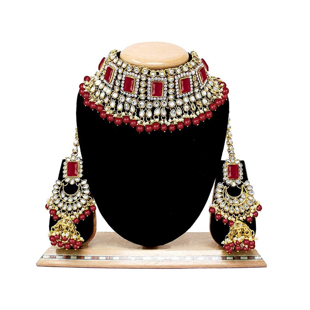 I Jewels 18K Gold Plated Traditional Handcrafted Faux Kundan & Pearl Studded Bridal Choker Necklace Jewellery Set with Earrings & Maang Tikka (IJ401)