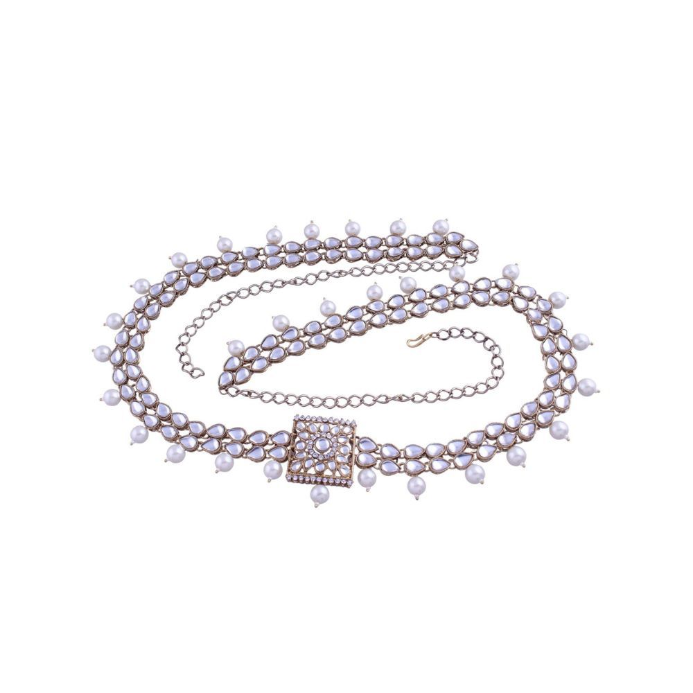 I Jewels 18K Gold Plated Traditional Kundan & Pearl Studded Adjustable Kamarband/Belly Chain For Women/Girls (B034W)