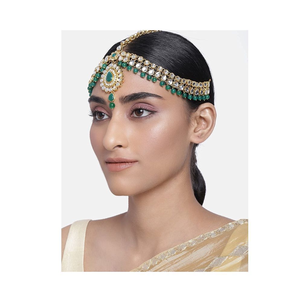 I Jewels 18K Gold Plated Traditional Kundan & Pearl Studded Bridal Matha Patti for Women (T2040G-1)