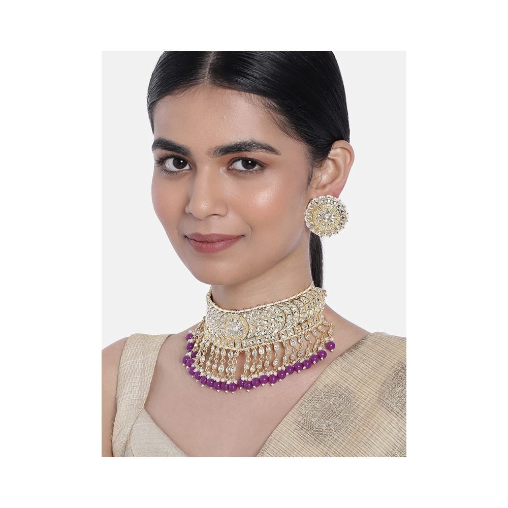 I Jewels 18K Gold Plated Traditional Kundan & Pearl Studded Choker Necklace Set For Women/Girls (K7210)