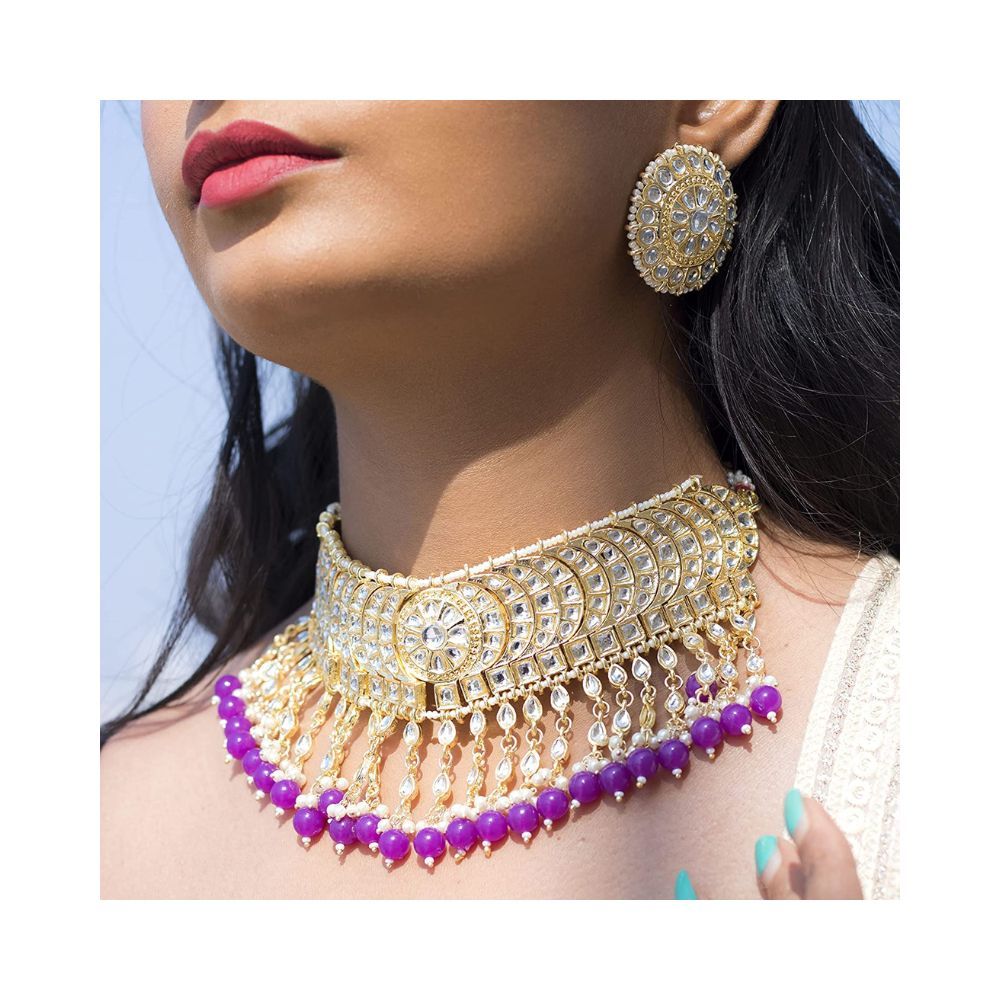 I Jewels 18K Gold Plated Traditional Kundan & Pearl Studded Choker Necklace Set For Women/Girls (K7210)