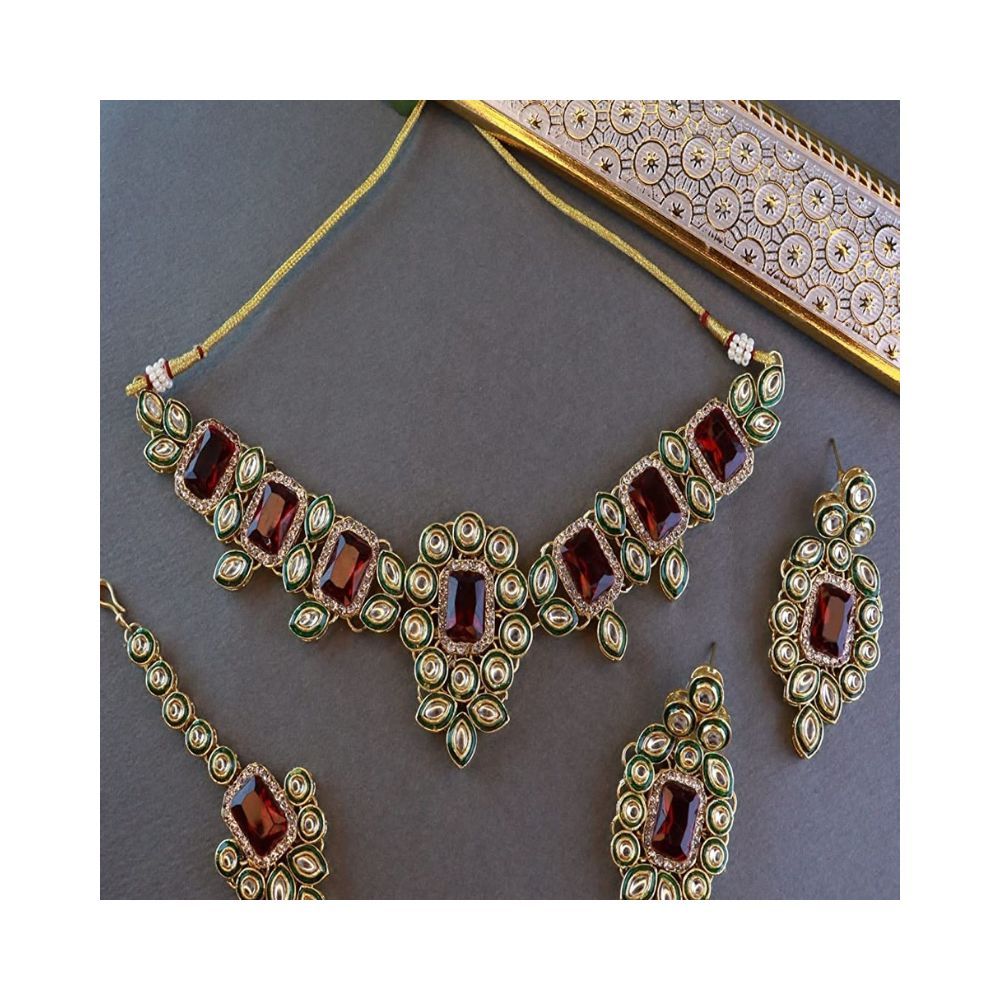 I Jewels 18K Gold Plated Traditional Kundan & Stone Studded Choker Necklace Jewellery Set with Earrings & Maang Tikka for Women (IJ359M)