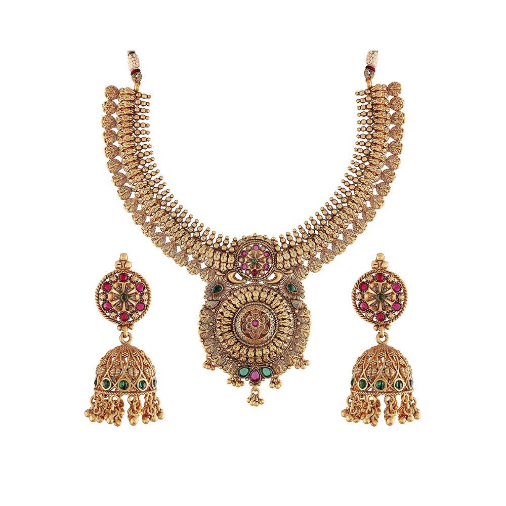 I Jewels 18k Rajwadi Gold Plated Traditional Brass Temple Choker Necklace Jewellery Set for Women (MC071-77)