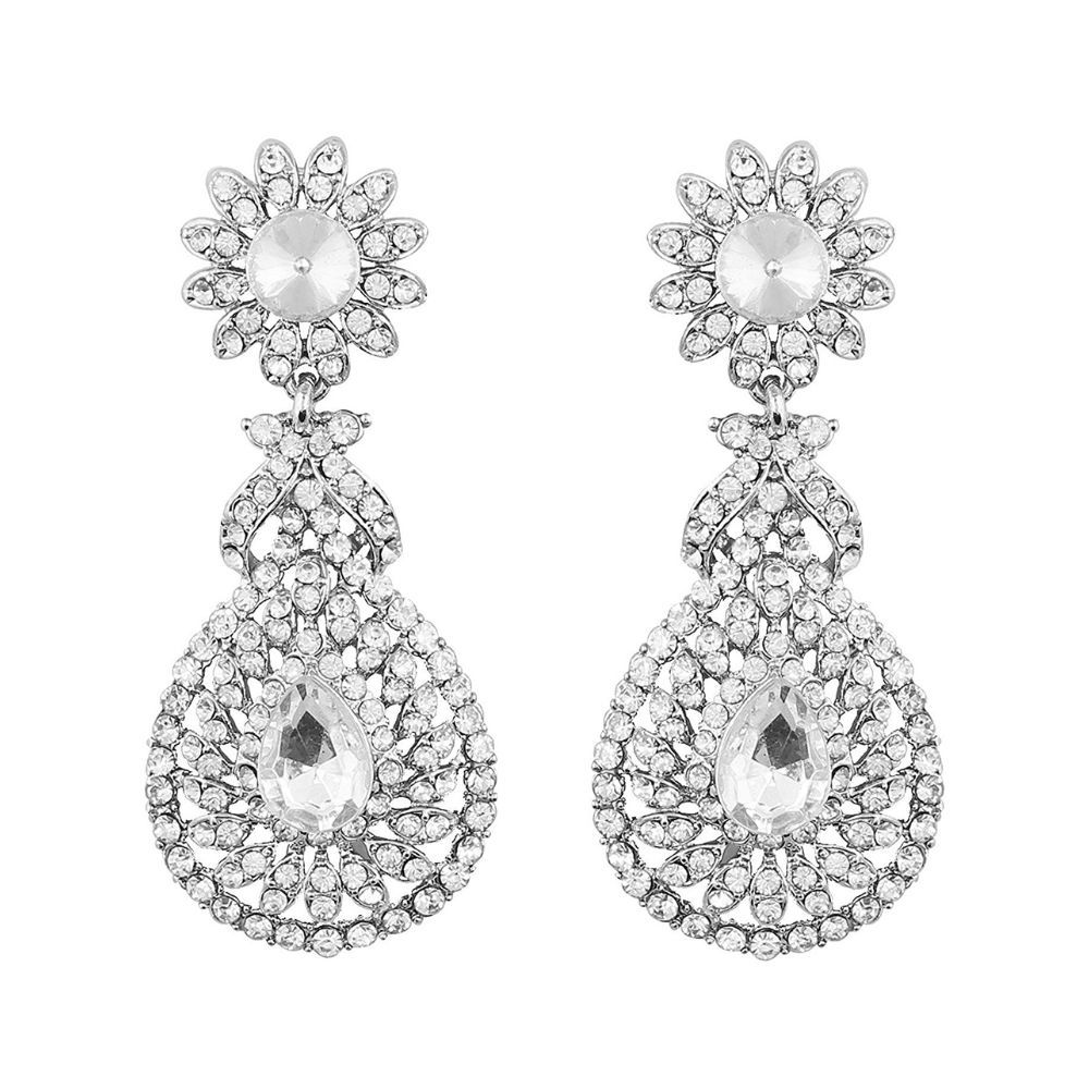 I Jewels 18k Rhodium Plated American Diamond Sparkling Dangle Earrings for Women (E2100Z)