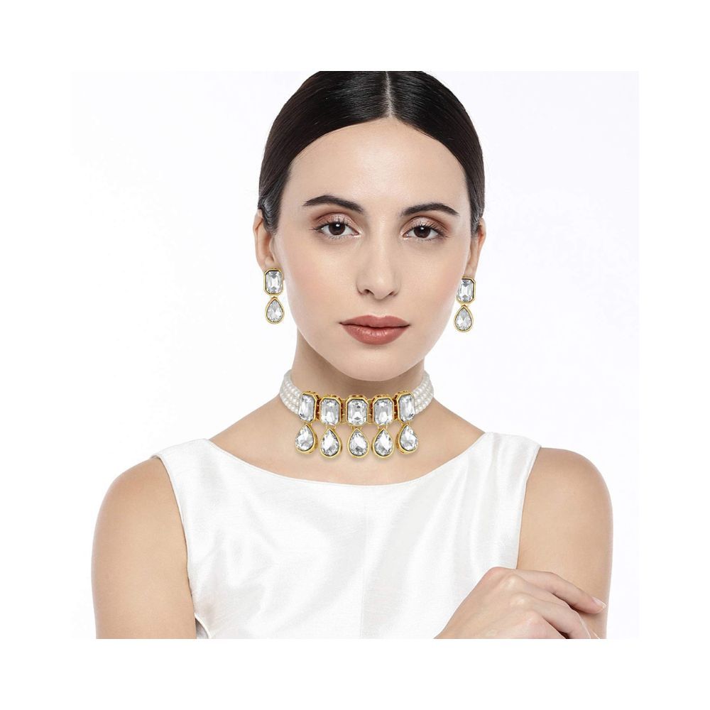 I Jewels Crystal Pearl Traditional Choker Necklace with Earrings Jewellery Set for Women Girls (ML249)